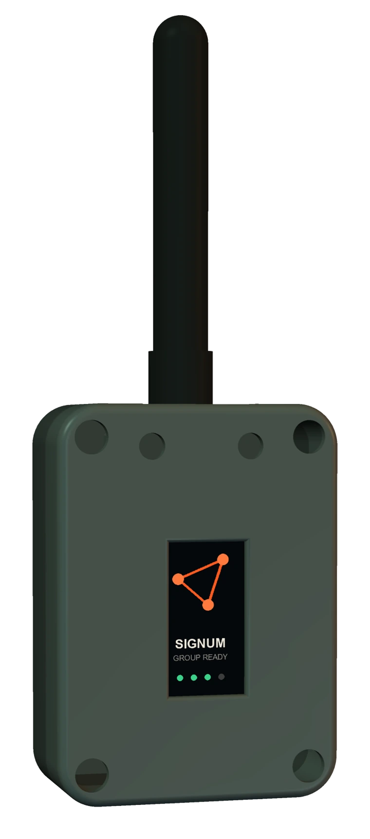 Concept render of the Signum puck: a compact radio with a short antenna and a lit screen on the front