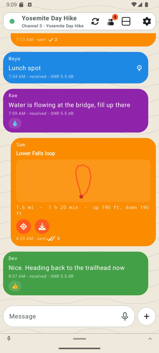 Signum group chat with a photo, reactions and a shared track