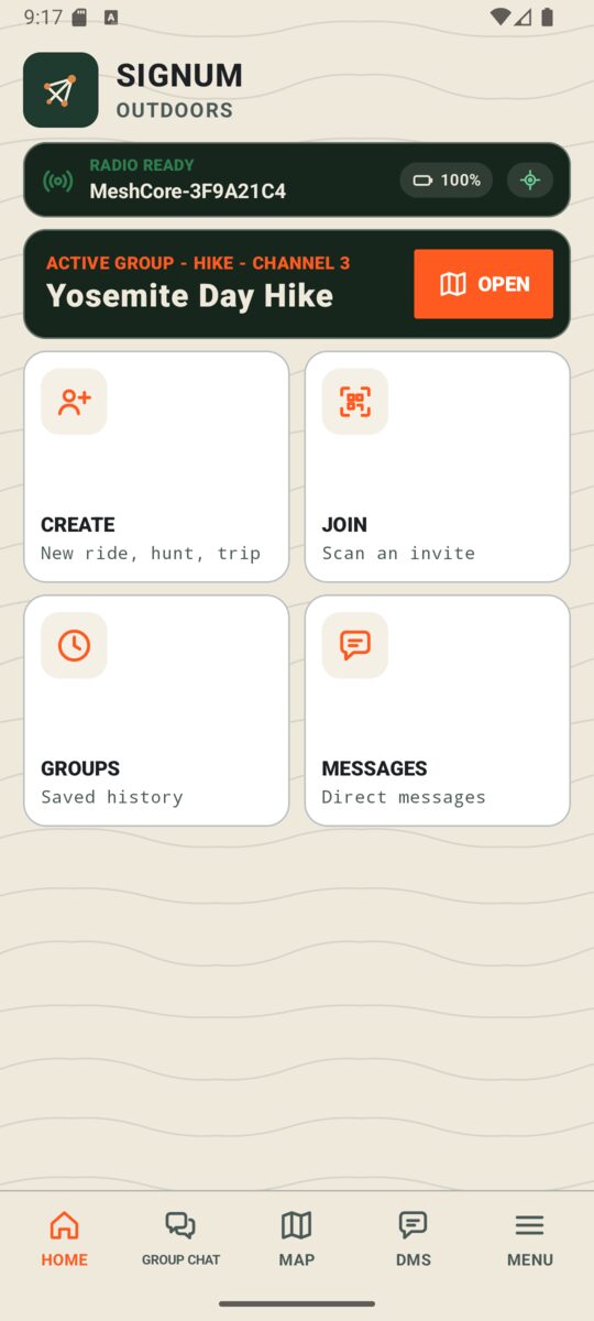Signum home screen with the radio ready and an active group