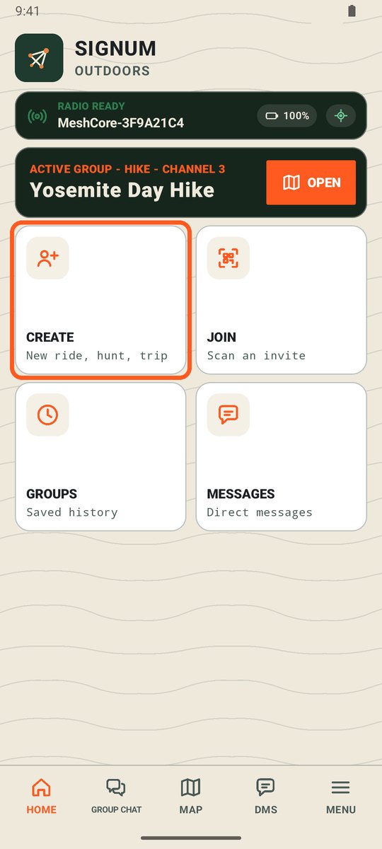 Signum Home screen with the Create tile circled