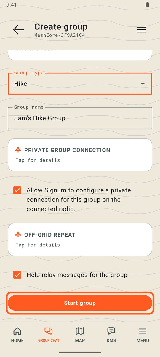 Create group screen with the Start group button circled