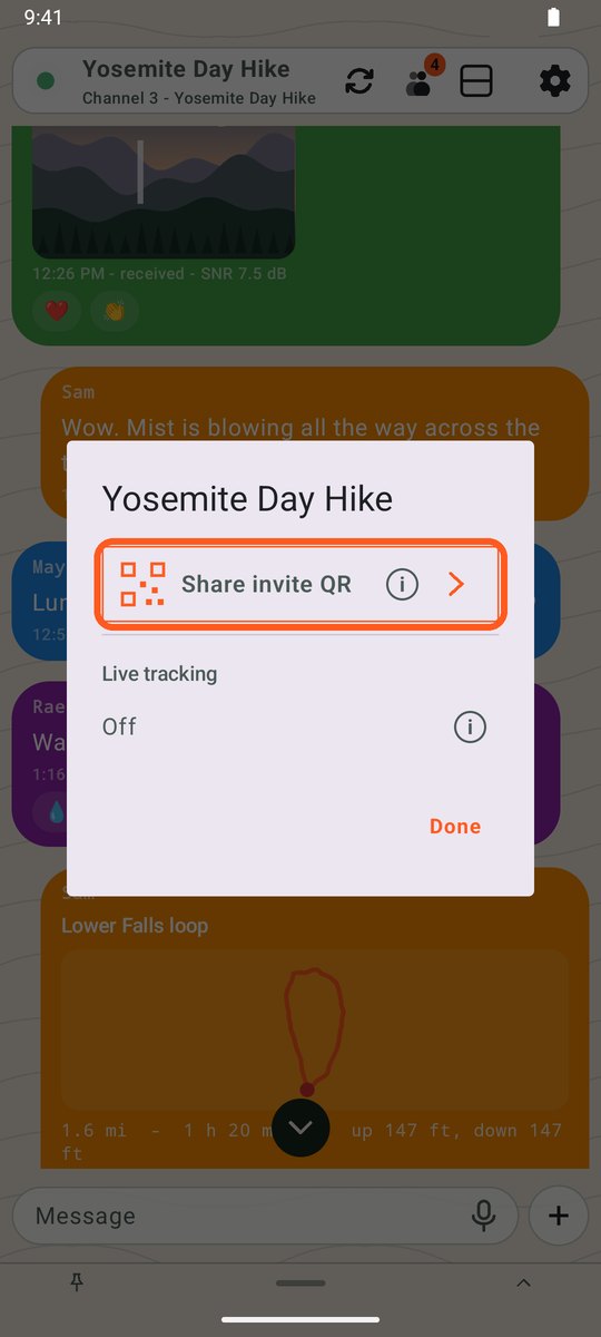 Group settings with the Share invite QR button circled