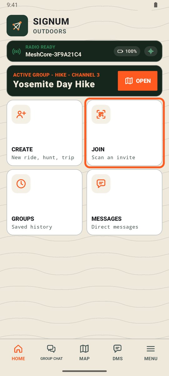 Signum Home screen with the Join tile circled