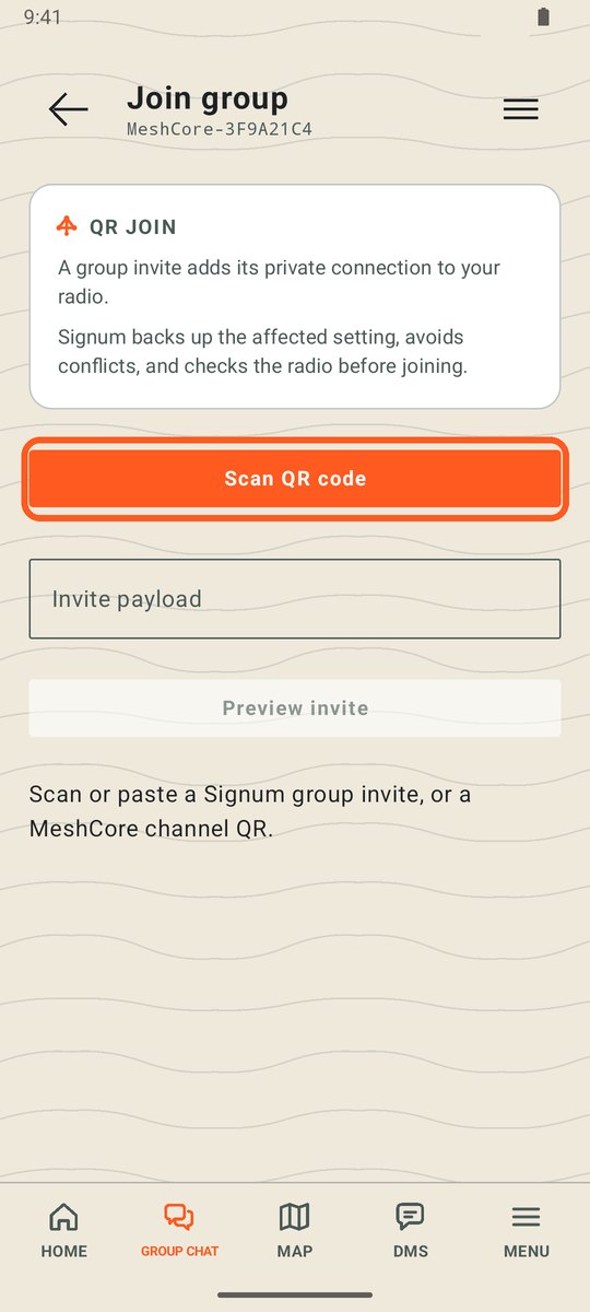 Join group screen with the Scan QR code button circled