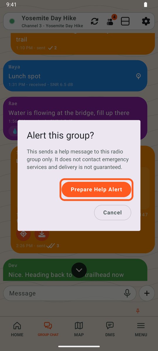 Alert this group? dialog with Prepare Help Alert circled