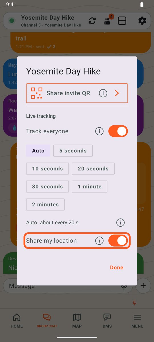 Group settings with Share my location circled and switched on