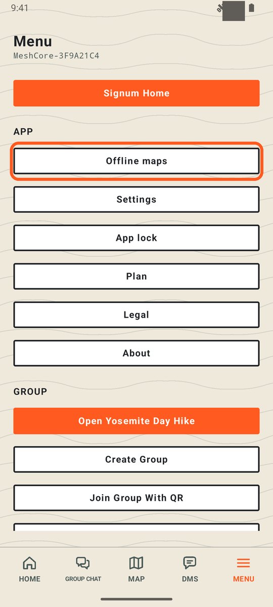 Signum menu with Offline maps circled