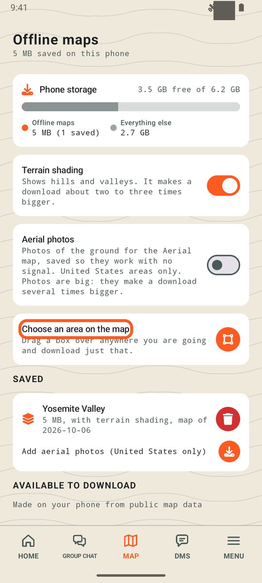 Offline maps screen with Choose an area on the map circled