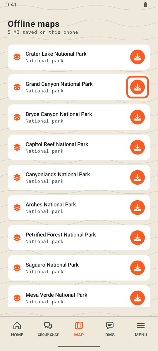 List of national parks with a park's download button circled