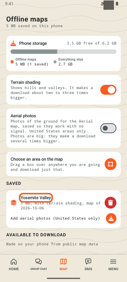 Offline maps screen with a saved map circled