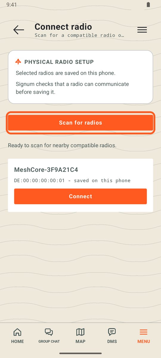 Connect radio screen with the Scan for radios button circled