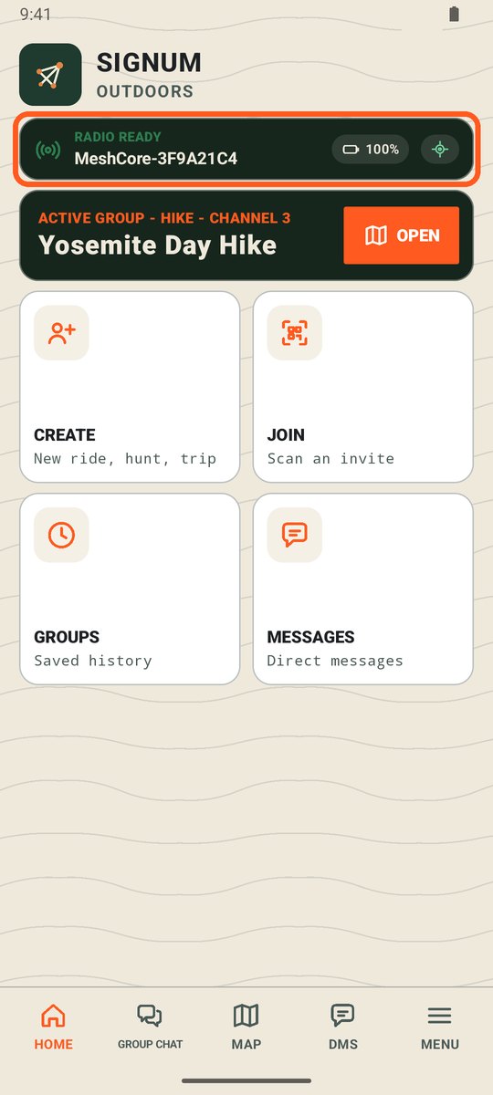 Signum Home screen with the Radio ready card circled