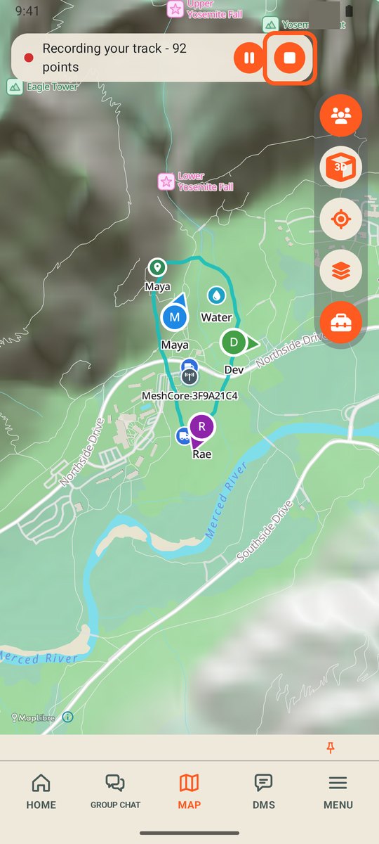 Recording bar at the top of the map with the stop button circled