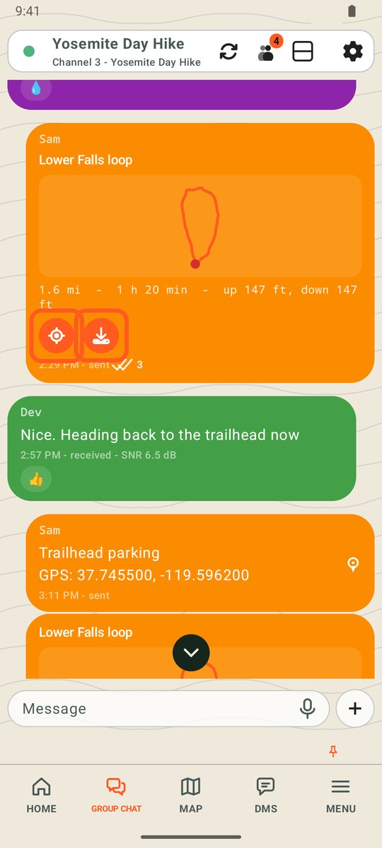 A shared track in the chat with the show on map and save buttons circled