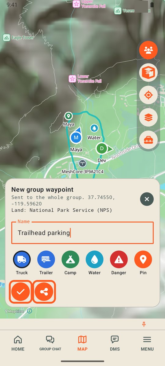 New group waypoint named Trailhead parking with the two save buttons circled