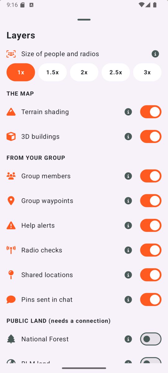 Signum map layers list with group, land and personal layers