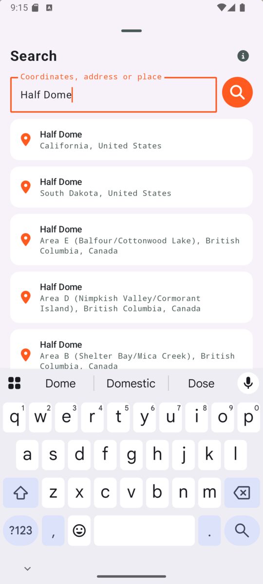 Signum map search suggesting places as you type