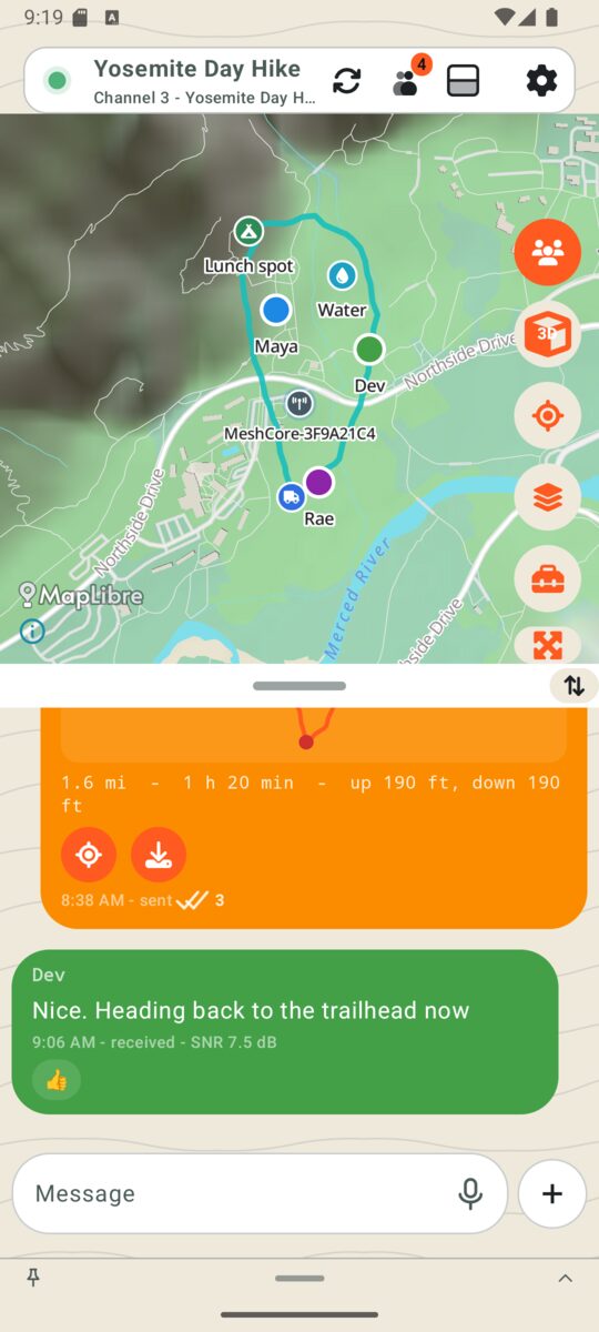 Signum split view with the map above and the group chat below
